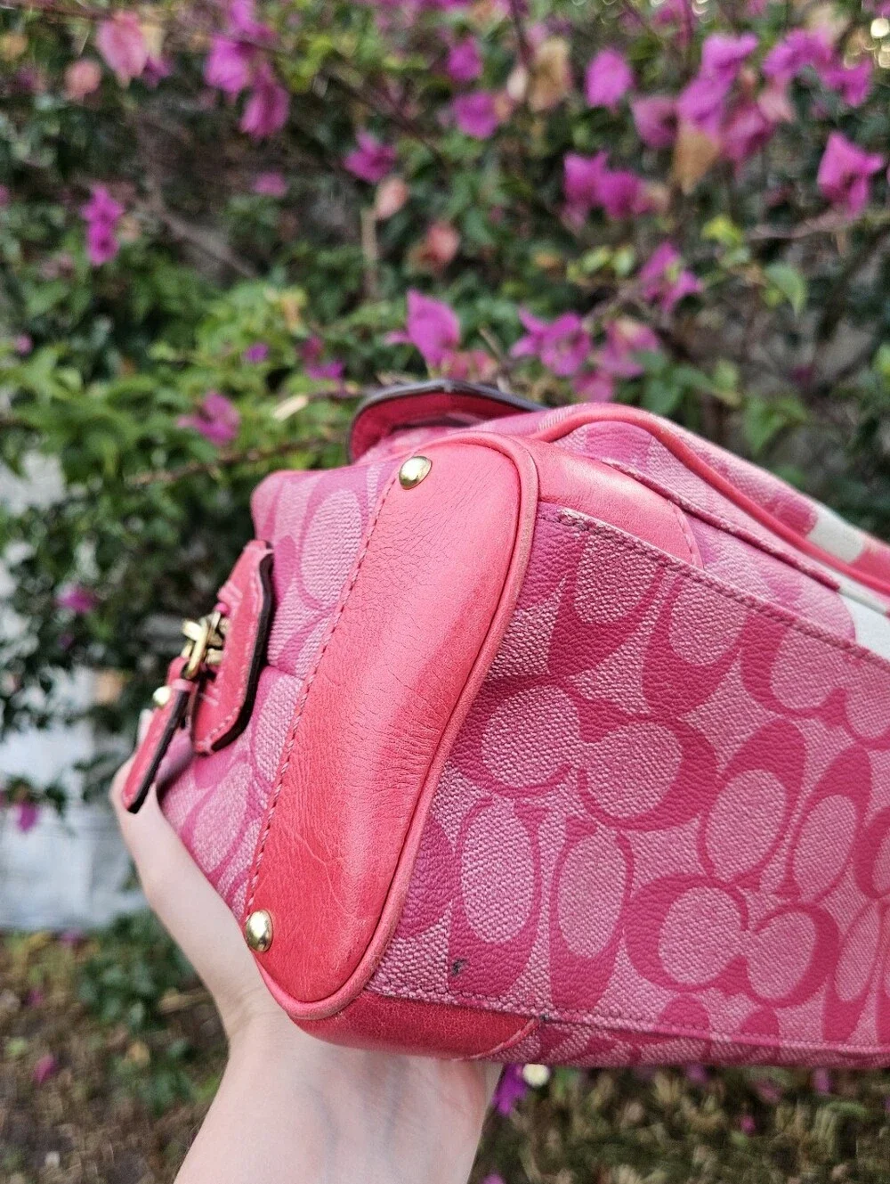 Coach Y2K Signature Hertitage Stripe Small Domed Satchel Hot Pink 13194